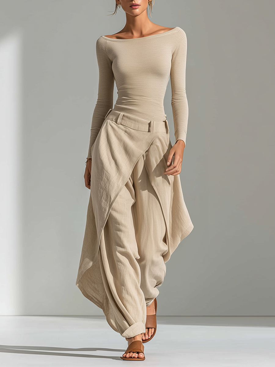 Delphine | Conjunto Top Beige de Cuello Barco y Pantalón Ancho con Volantes