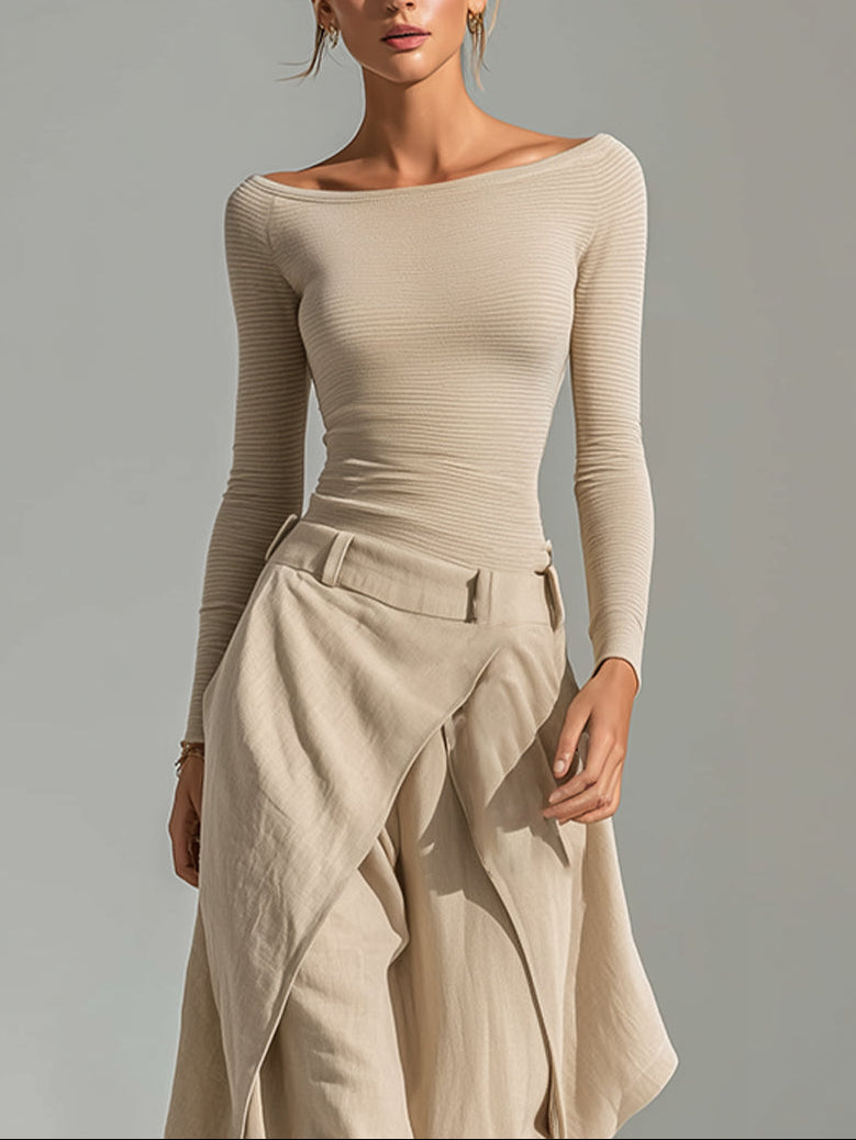 Delphine | Conjunto Top Beige de Cuello Barco y Pantalón Ancho con Volantes