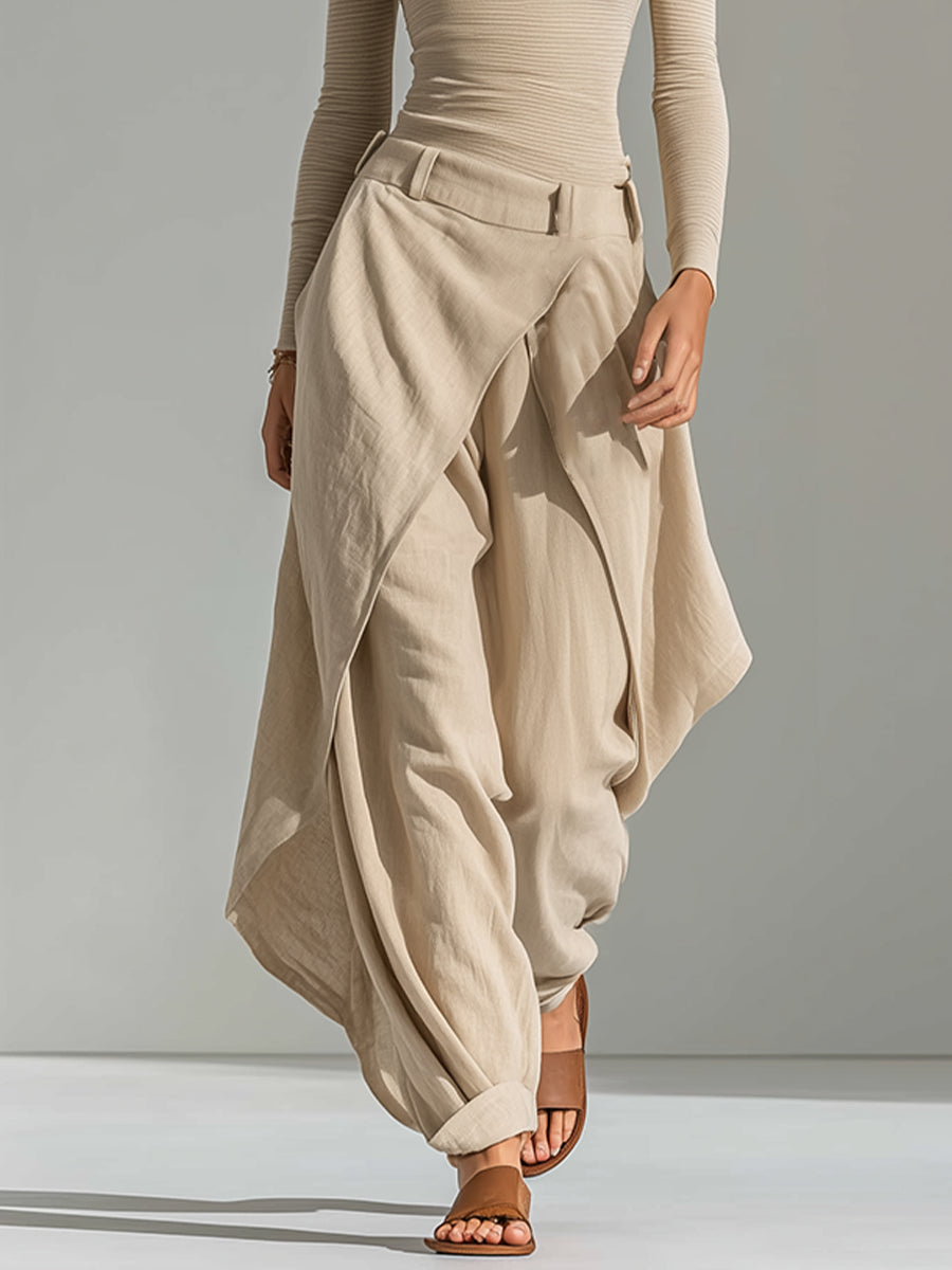 Delphine | Conjunto Top Beige de Cuello Barco y Pantalón Ancho con Volantes