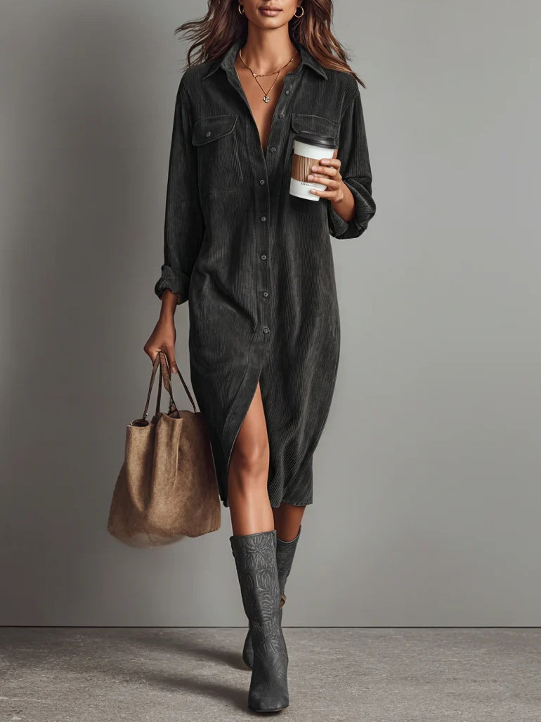 Béatrice | Vestido Midi de Terciopelo Acanalado con Bolsillos y Botonadura Simple