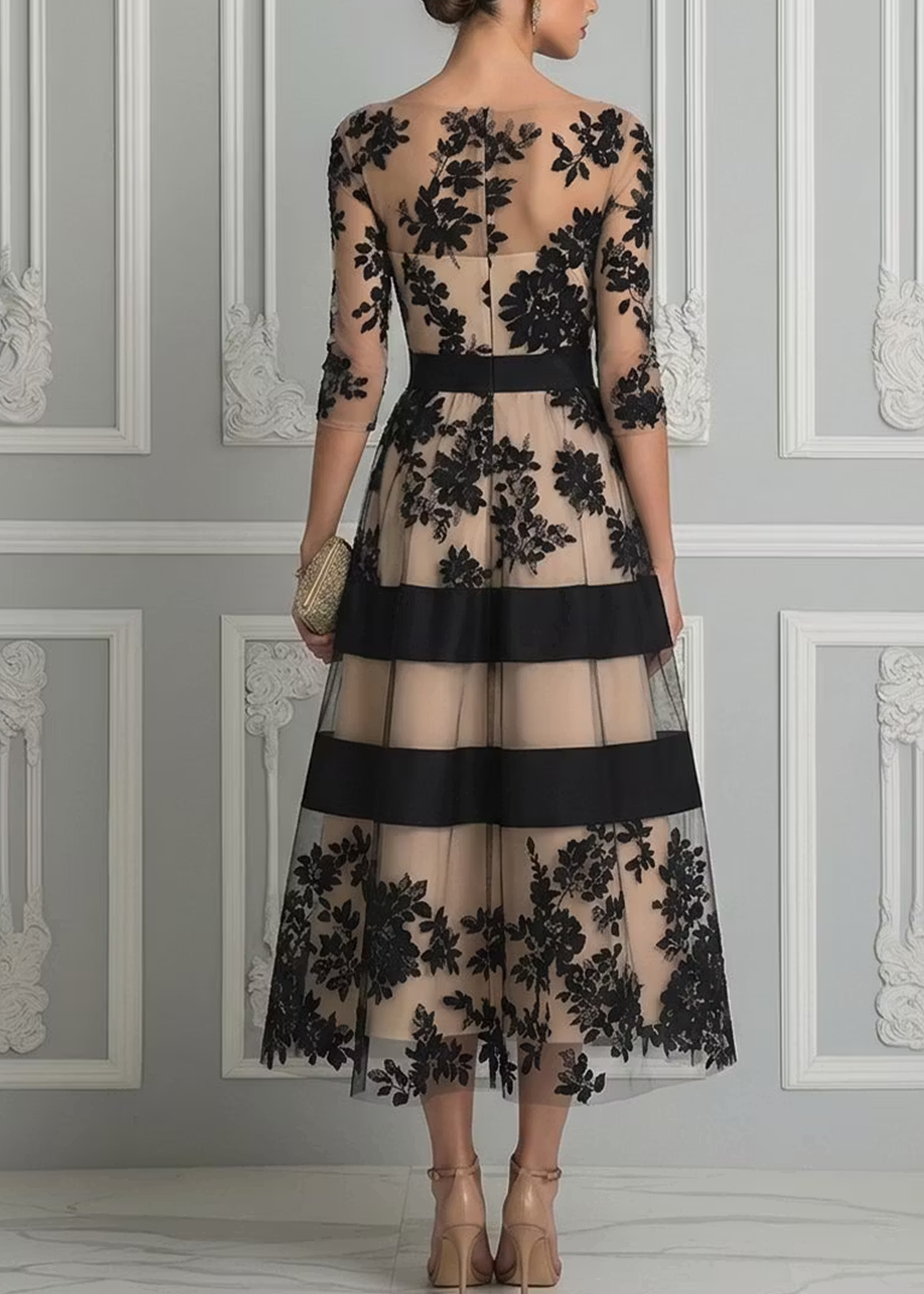 Eugénie | Vestido Midi de Encaje Negro con Corte en A