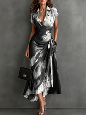 Maude | Vestido Midi Envolvente con Estampado Abstracto y Volantes