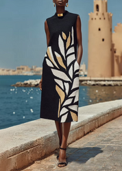 Sabine | Vestido Midi Negro Sin Mangas con Estampado de Hojas