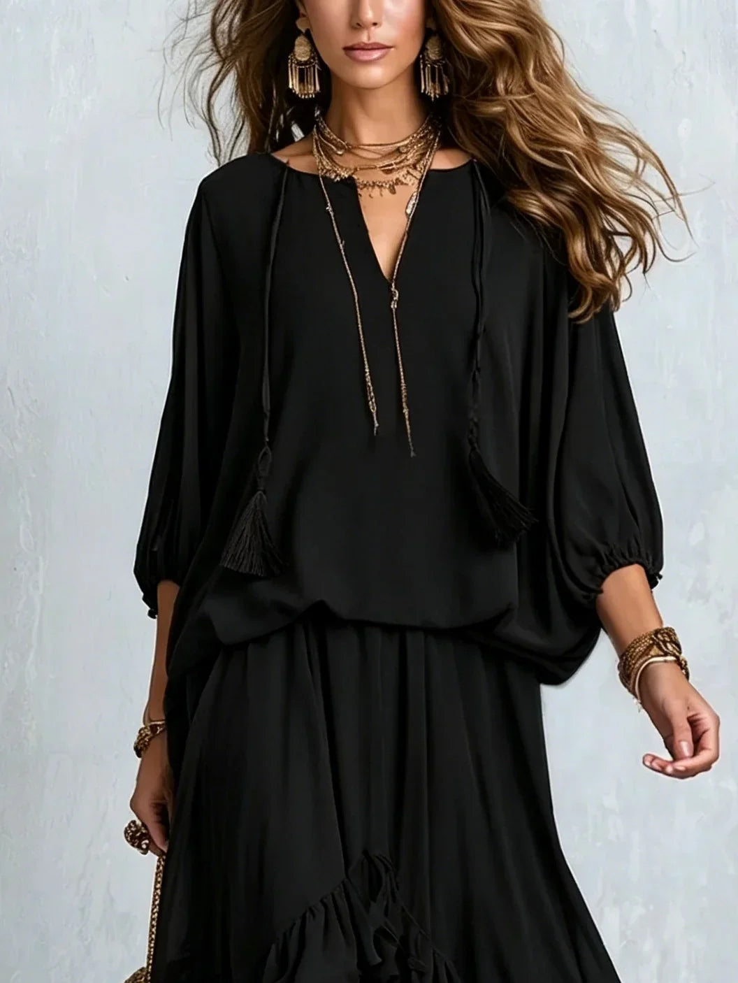 Ondine | Conjunto de Top de Chiffon con Flecos y Falda con Volantes