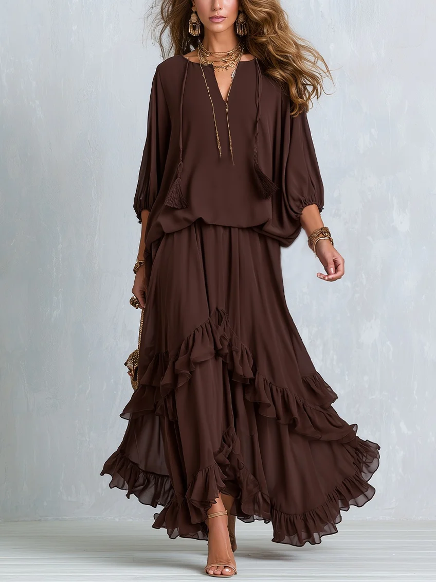 Ondine | Conjunto de Top de Chiffon con Flecos y Falda con Volantes