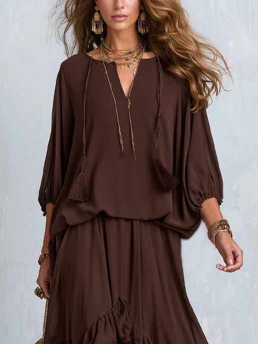 Ondine | Conjunto de Top de Chiffon con Flecos y Falda con Volantes