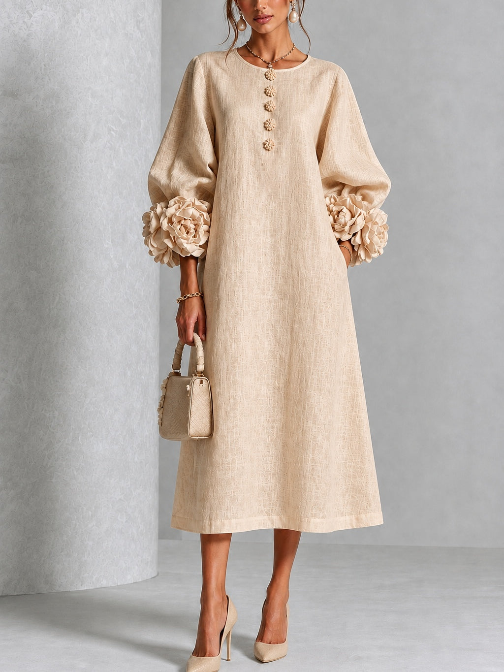 Capucine | Vestido Midi con Botones de Flor y Mangas Abullonadas