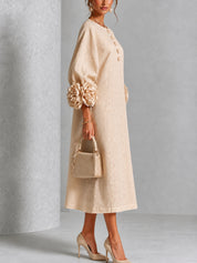 Capucine | Vestido Midi con Botones de Flor y Mangas Abullonadas