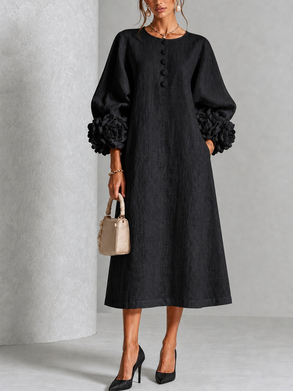 Capucine | Vestido Midi con Botones de Flor y Mangas Abullonadas