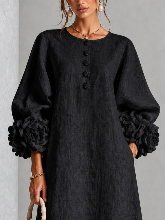 Capucine | Vestido Midi con Botones de Flor y Mangas Abullonadas