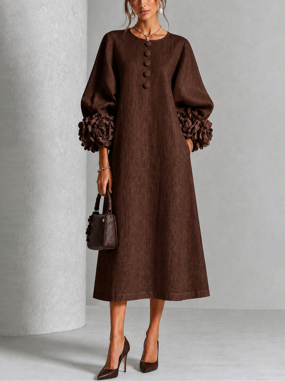 Capucine | Vestido Midi con Botones de Flor y Mangas Abullonadas