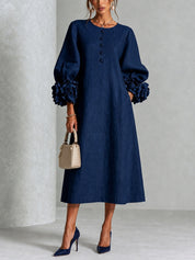 Capucine | Vestido Midi con Botones de Flor y Mangas Abullonadas