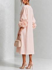 Capucine | Vestido Midi con Botones de Flor y Mangas Abullonadas