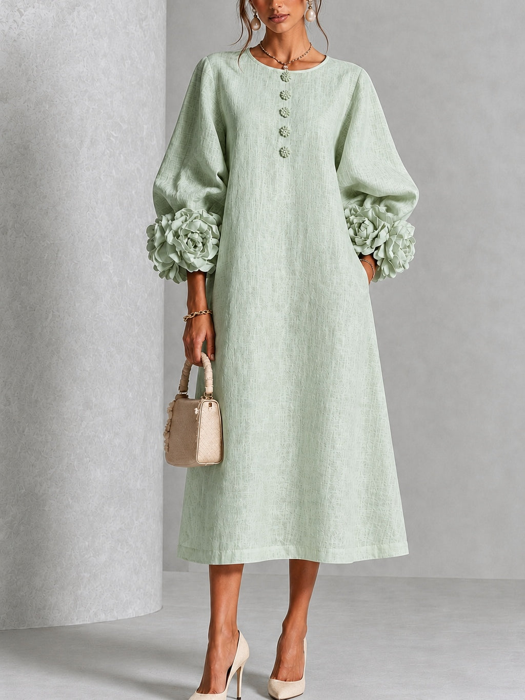 Capucine | Vestido Midi con Botones de Flor y Mangas Abullonadas