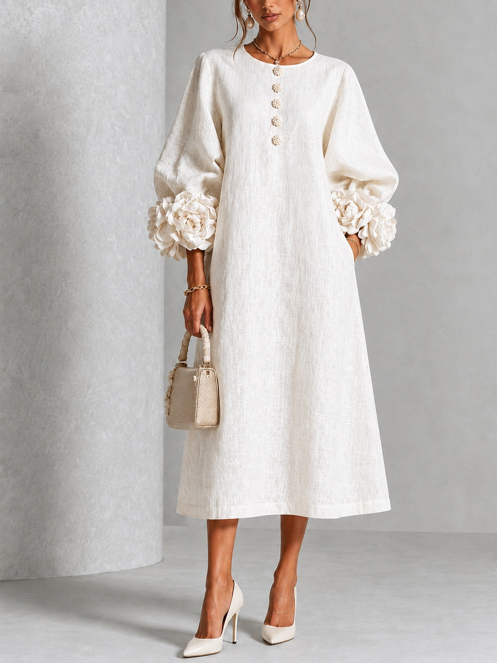 Capucine | Vestido Midi con Botones de Flor y Mangas Abullonadas