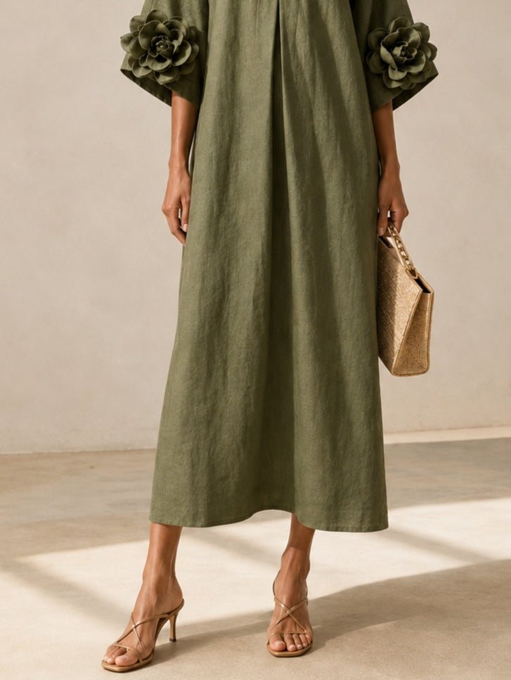 Amélie | Vestido Midi Verde Oliva con Escote en V y Mangas de Flores 3D