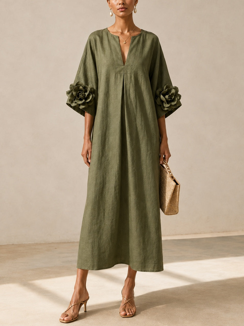 Amélie | Vestido Midi Verde Oliva con Escote en V y Mangas de Flores 3D