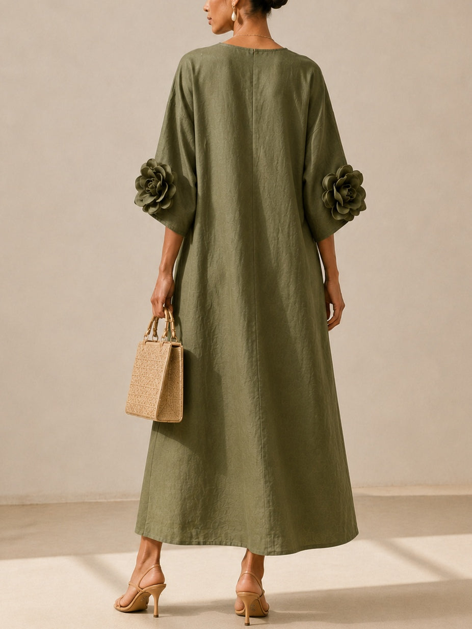 Amélie | Vestido Midi Verde Oliva con Escote en V y Mangas de Flores 3D