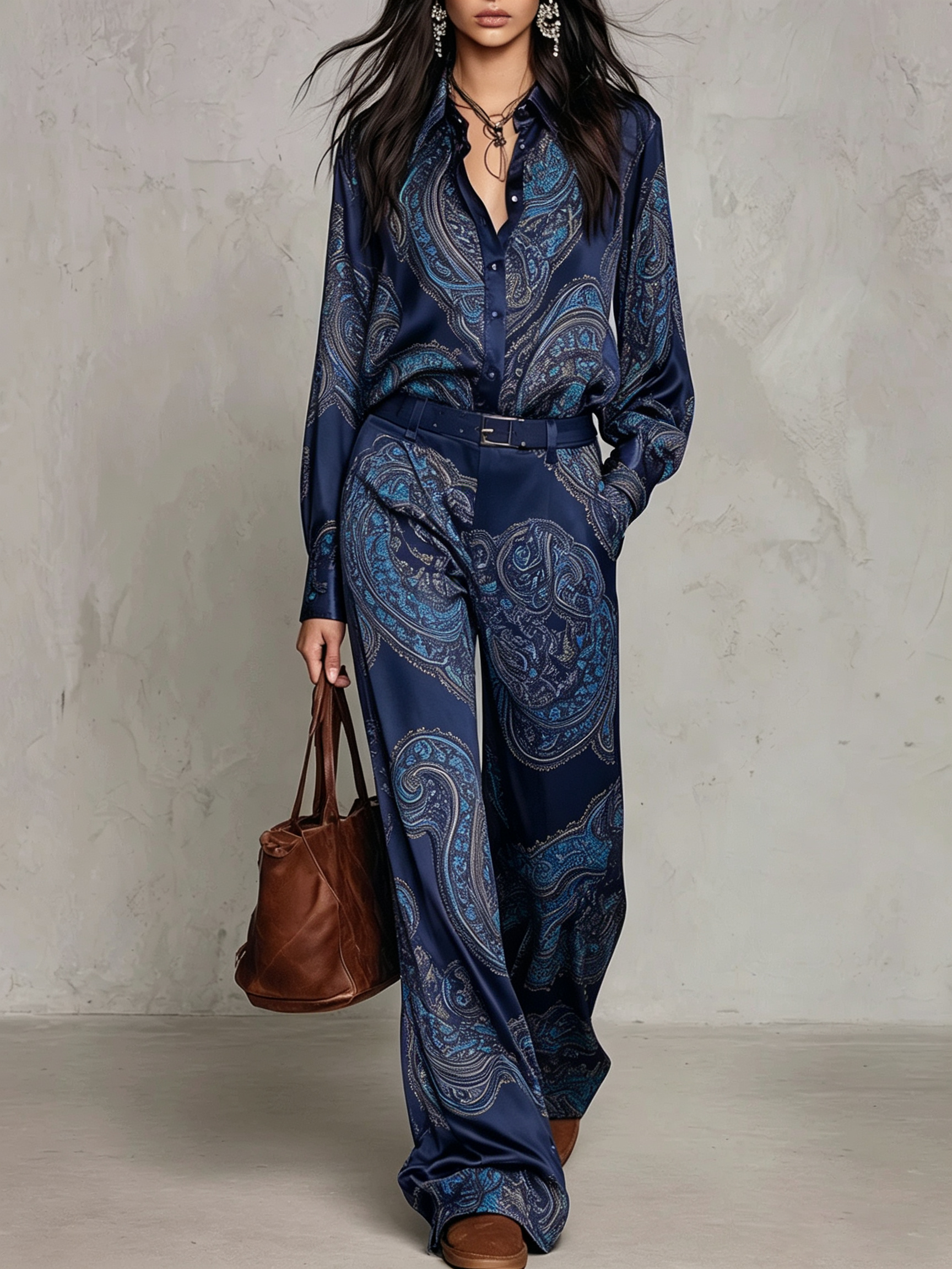 Joséphine | Conjunto de Camisa y Pantalón Ancho de Satén con Estampado Paisley