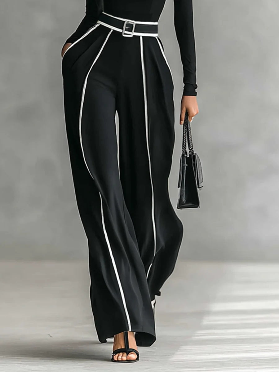 Adèle | Conjunto de Cuello Alto con Ribetes Blancos y Pantalón Ancho