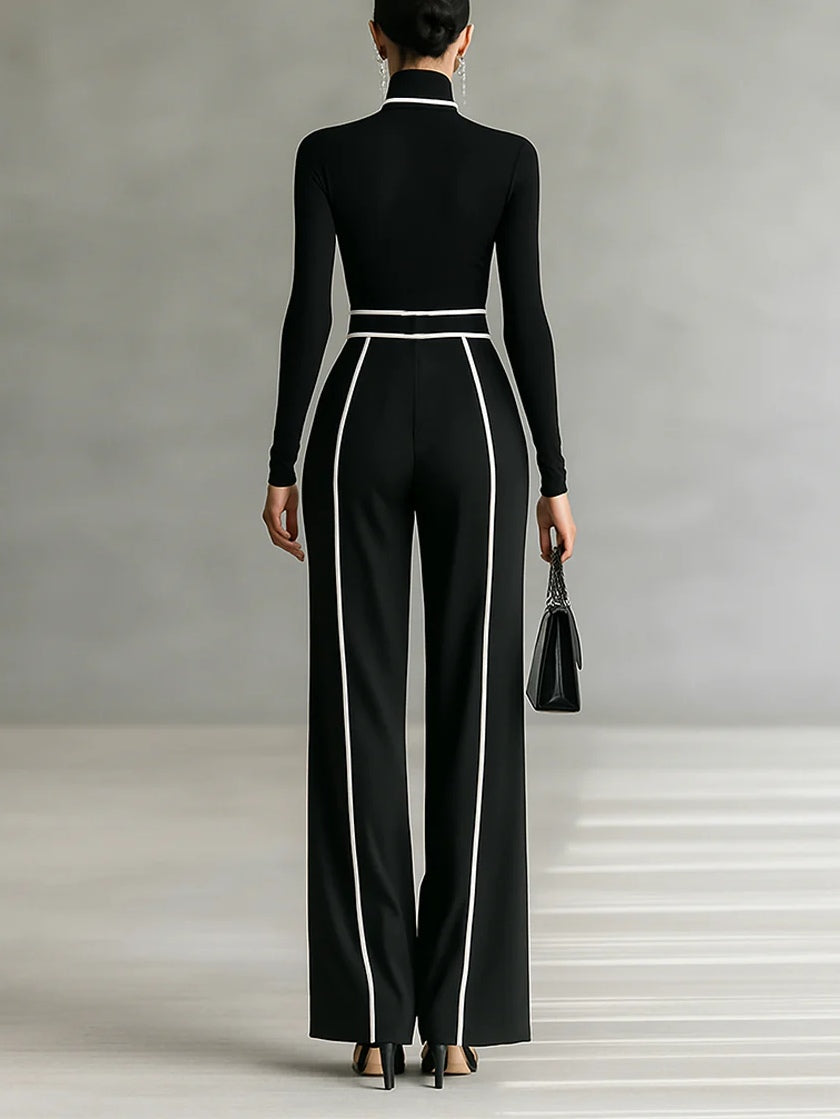 Adèle | Conjunto de Cuello Alto con Ribetes Blancos y Pantalón Ancho