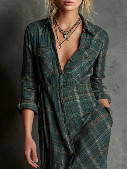 Margaux | Vestido Camisa Largo con Cuello Vichy