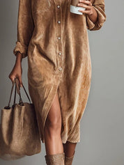 Béatrice | Vestido Midi de Terciopelo Acanalado con Bolsillos y Botonadura Simple