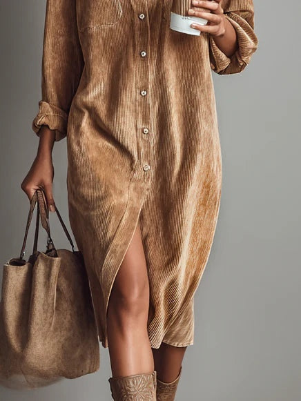 Béatrice | Vestido Midi de Terciopelo Acanalado con Bolsillos y Botonadura Simple