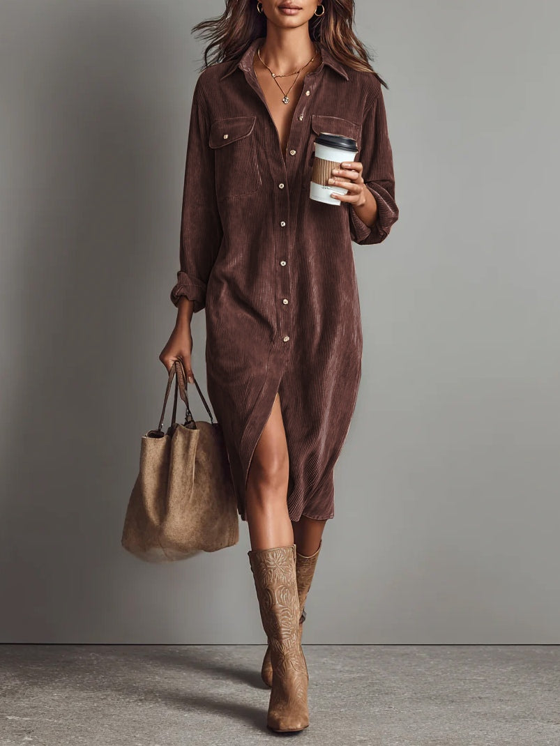 Béatrice | Vestido Midi de Terciopelo Acanalado con Bolsillos y Botonadura Simple