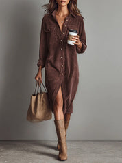 Béatrice | Vestido Midi de Terciopelo Acanalado con Bolsillos y Botonadura Simple