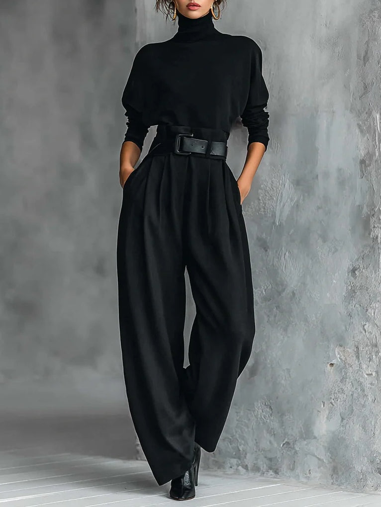 Noëlla | Conjunto de Top de Cuello Alto Negro y Pantalón Recto