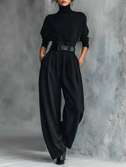 Noëlla | Conjunto de Top de Cuello Alto Negro y Pantalón Recto
