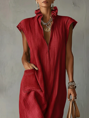 Nerea | Vestido Midi de Lino sin Mangas con Cuello Camisero y Bajo Asimétrico
