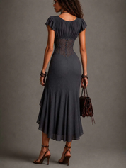 Carmen | Vestido Midi de Encaje y Chiffon con Escote en V, Gris Antracita