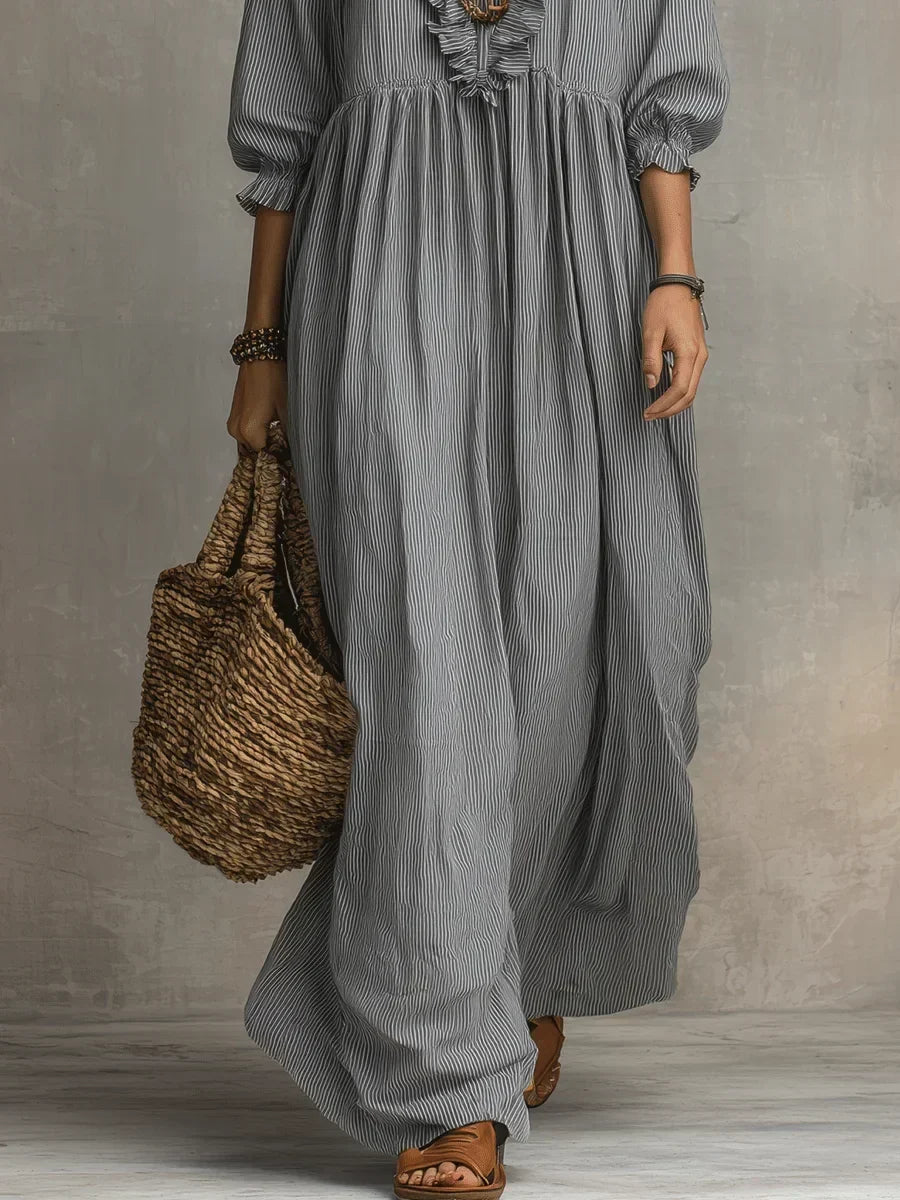 Elena | Vestido Maxi Boho de Lino con Escote V Fruncido y Manga Larga Suelta