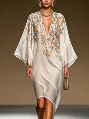 Ambre | Vestido Caftán de Chiffon Beige con Estampado Floral y Manga Murciélago