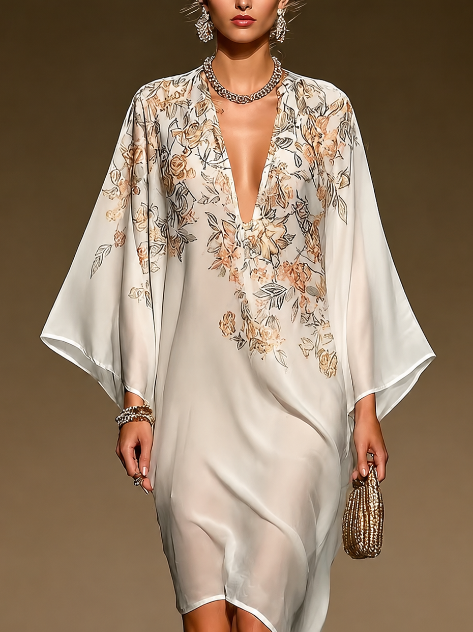 Ambre | Vestido Caftán de Chiffon Beige con Estampado Floral y Manga Murciélago