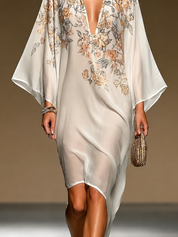 Ambre | Vestido Caftán de Chiffon Beige con Estampado Floral y Manga Murciélago