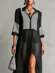 Mathilde | Vestido de Chiffon Negro con Botones y Mangas 3/4 a Rayas