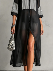Mathilde | Vestido de Chiffon Negro con Botones y Mangas 3/4 a Rayas
